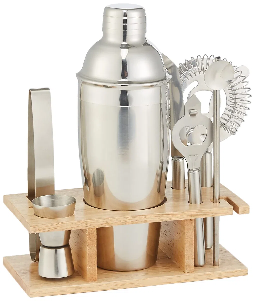 Amazon Basics Juego de herramientas de bar de 8 piezas de acero inoxidable con soporte de madera