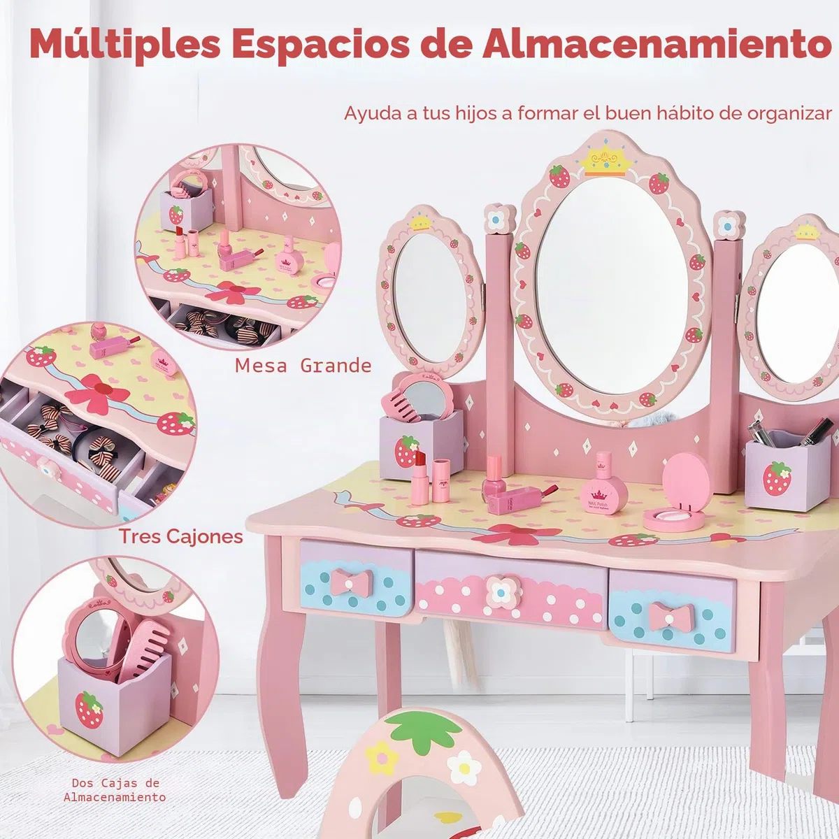 LIFEZEAL Tocador Infantil con Espejo, Juego de tocador de Maquillaje con Taburete, Mesa de Madera con Espejo extraíble, Escritorio con 3 cajones y 2 Cajas para niñas 3 años（Rosa）