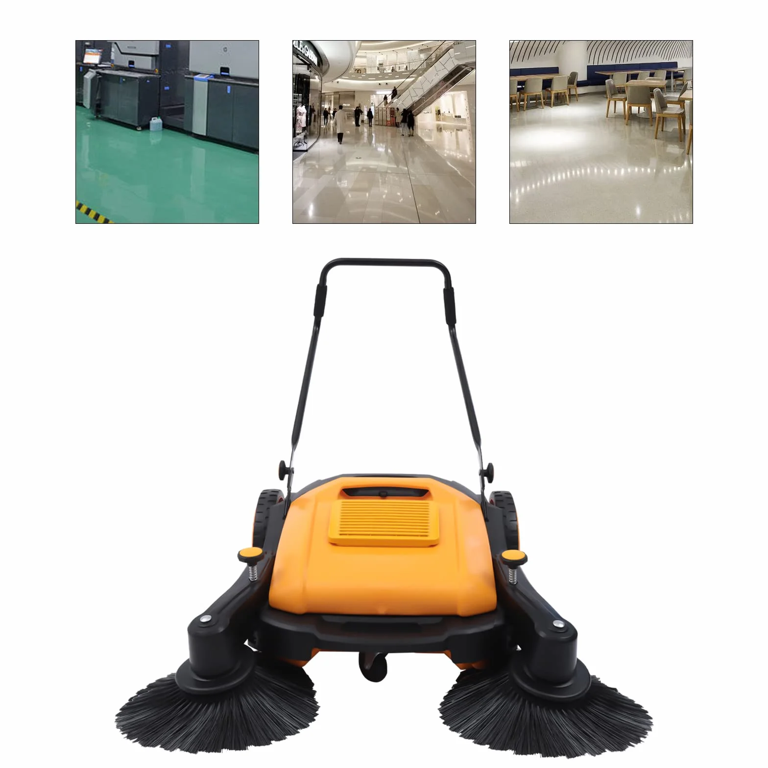Barredora de mano para exteriores, 105 cm de ancho de limpieza, depósito de polvo de 55 L, manual sin electricidad, ajuste de 5 velocidades, plegable, para patio, taller, garaje, calle