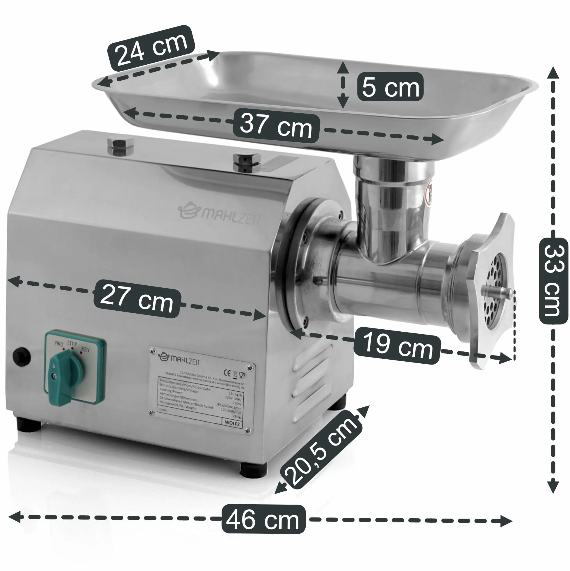Mahlzeit Picadora Eléctrica de Carne Profesional de Acero Inoxidable | 750 W - 150 kg/h | Máquina para Embutir para Gastronomía | Embutidora | Máquina para Rellenar Salchichas, Picadora