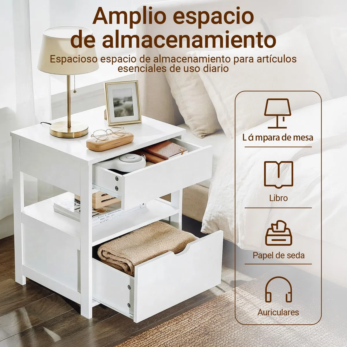 SoBuy Mesita de Noche con 2 cajones y Estante, Mesa Auxiliar, Moderno Mesa de Noche Dormitorio, 45 x 38 x 55 cm, Blanco, FRG258-II-W