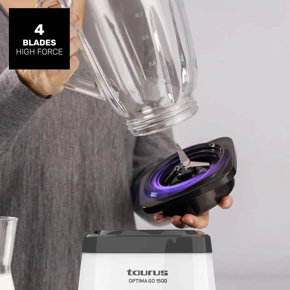 Taurus - Batidora de Vaso Optima Go 1500 | 1500W | Vaso Portatil 500ml | Cuchillas 4 Filos | 2 Velocidades + Turbo | Acero Inoxidable | Antideslizante | Sistema de Seguridad