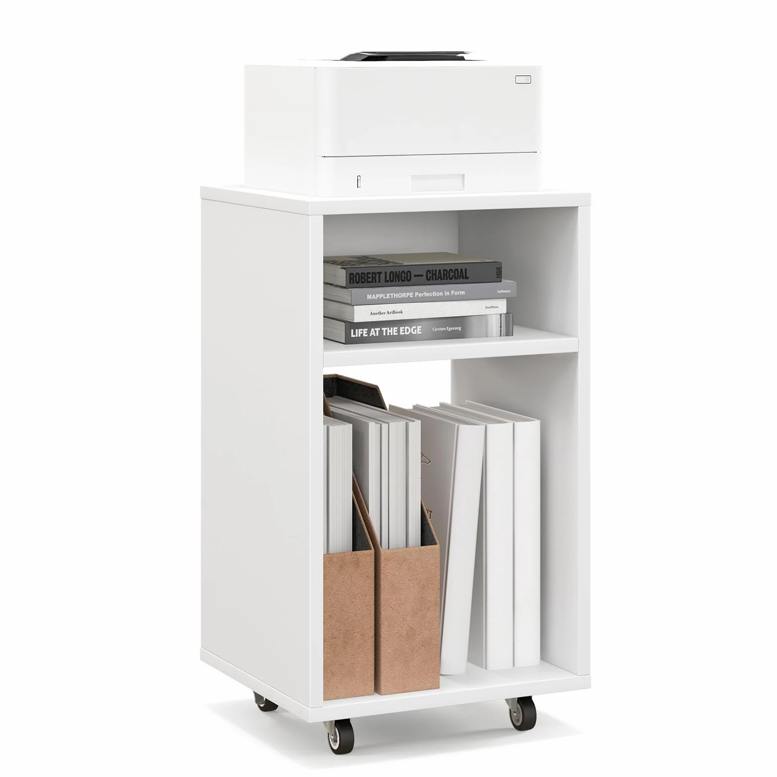 COSTWAY Cajonera Escritorio, Cajonera Oficina con 2 Estantes Abiertos, Cajonera con Ruedas, 33 x 30 x 58 cm, Soporte para Impresora Casa, Oficina, Blanco