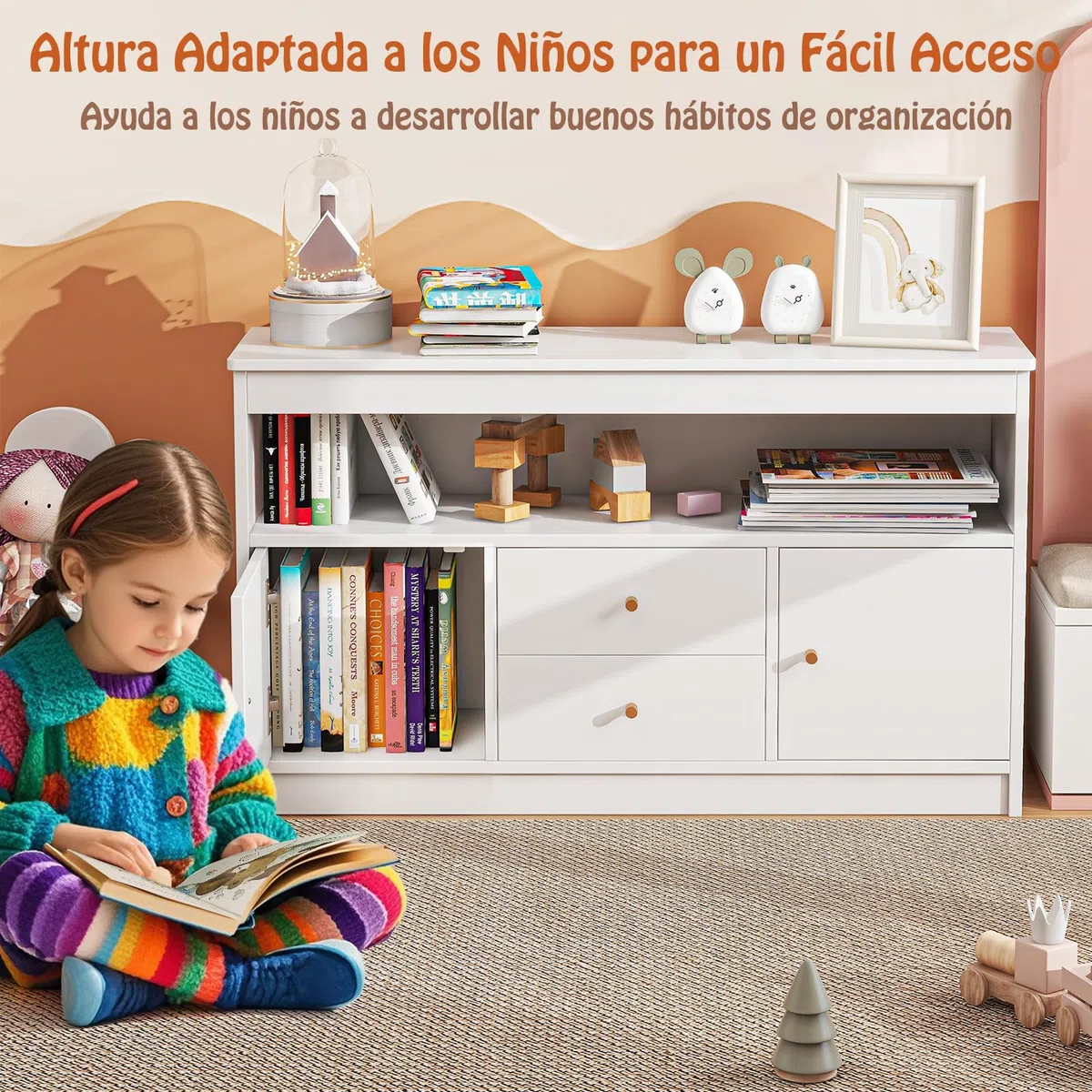 GOPLUS Organizador de Almacenamiento de Juguetes para Niños, Estantería con 2 Cajones, 2 Gabinetes Cerrados y 1 Compartimento Abierto, Mueble de Madera para Sala de Juegos (Blanco)