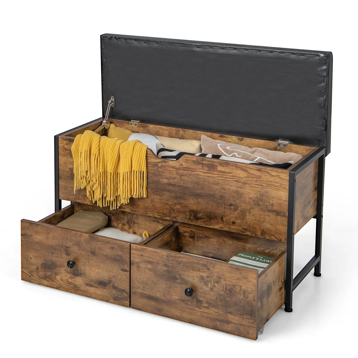 GOPLUS - Banco de almacenamiento de madera con asiento acolchado, carga de 150 kg, caja de almacenamiento estilo industrial con 2 cajones, bisagra de seguridad