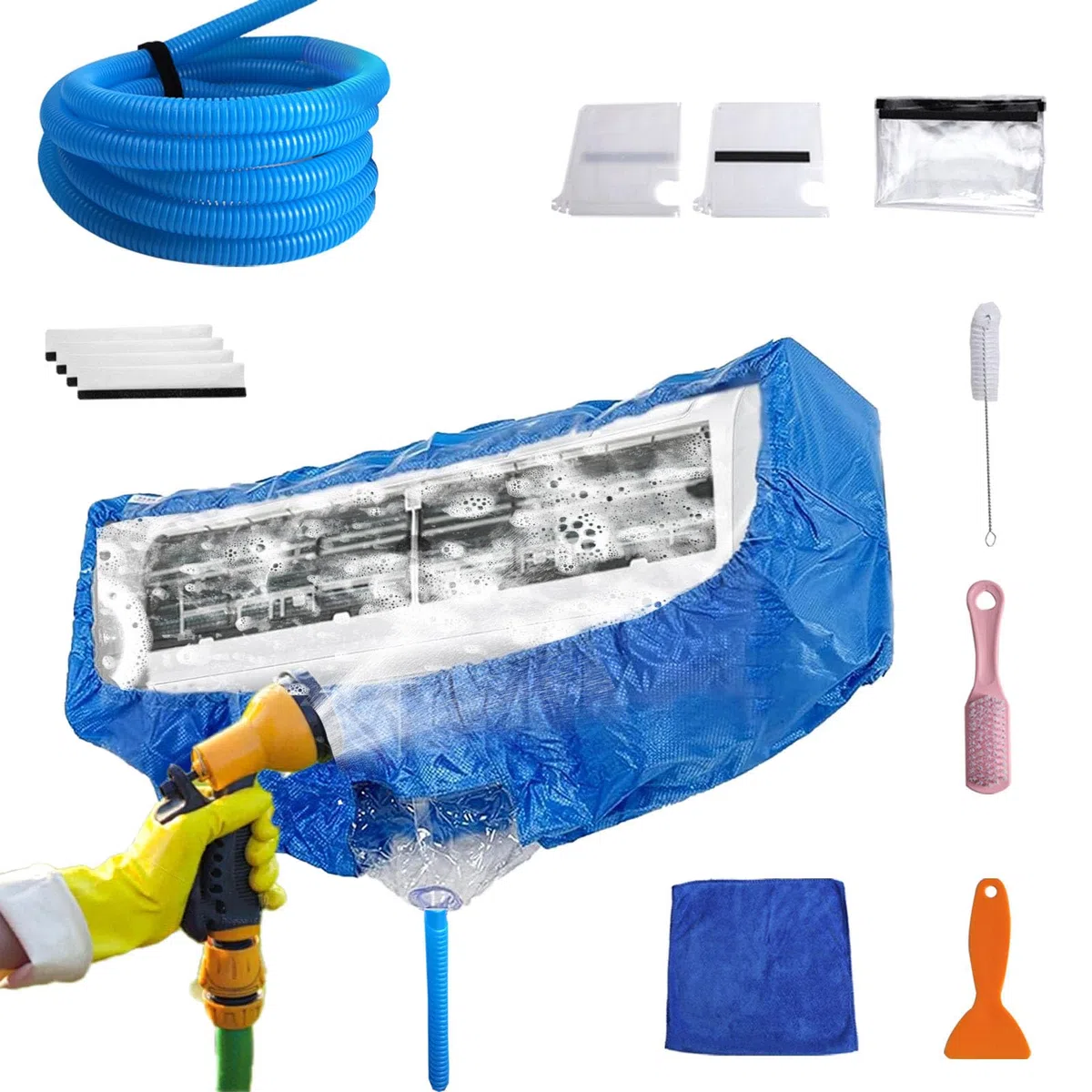 Cubierta de Limpieza de Aire Acondicionado, Limpieza Aire Acondicionado Split Kit Limpieza Aire Acondicionado con Tubo de Drenaje Adecuado para Aires Acondicionados de 9-18K