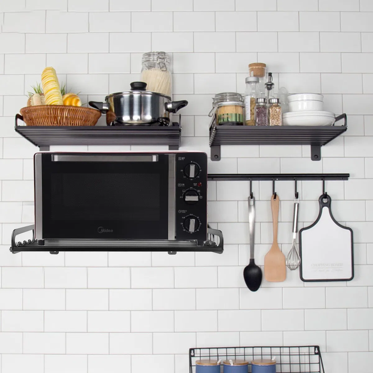 50 * 40 cm Estante de Pared para Microondas, Estanteria Cocina Microondas Pared con 5 Ganchos Soporte para Microondas Negro, Estante de Almacenamiento Organizador de Cocina para el Hogar