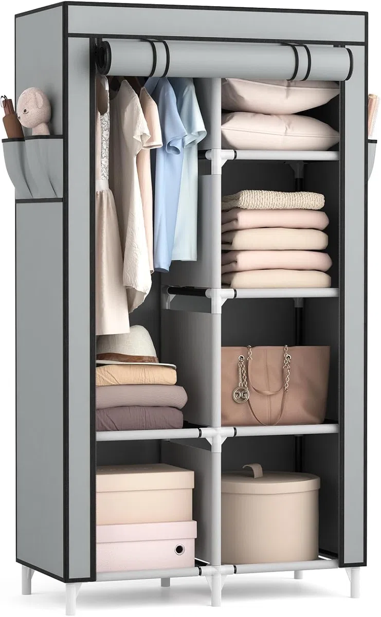 Vicye Armario de Tela, Organizador Armario Ropero Portátil con 1 Barra para Colgar y 6 Estantes para Dormitorio, Vestidor, Salón, Gris, 84 x 42 x 162 cm