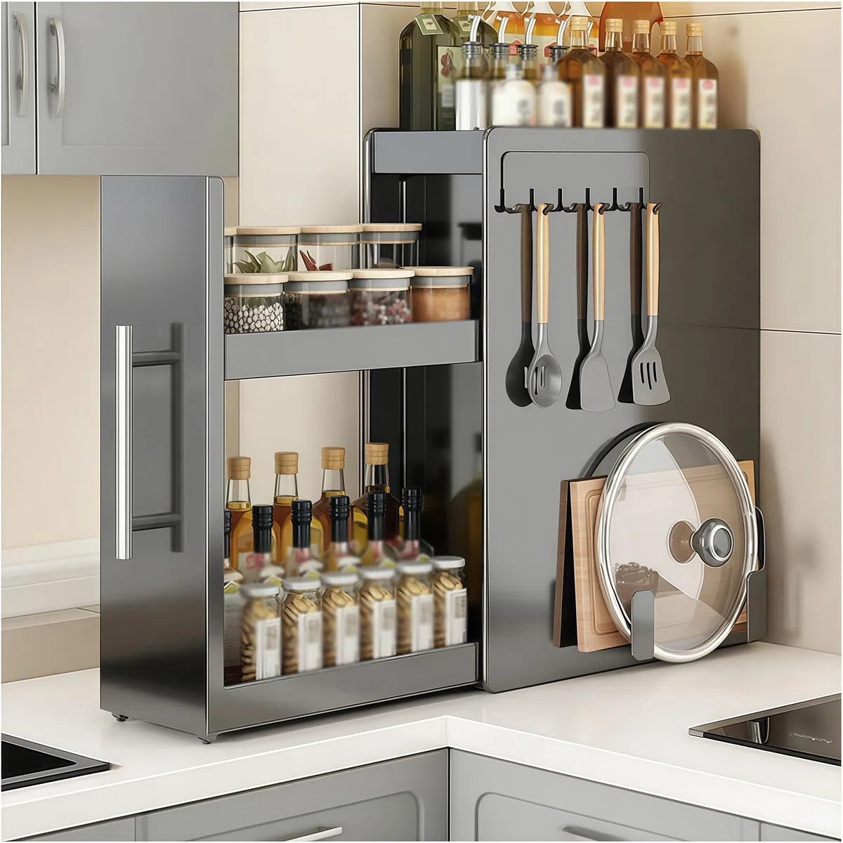 Estante de especias para condimentos, estante de almacenamiento de metal resistente de 2/3 niveles con cajón, organizador vertical deslizante para condimentos y especias de cocina