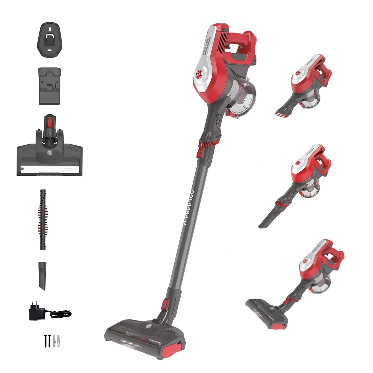 Hoover H-FREE 100 HOME HF122RH Aspiradora Escoba sin Cable y de Mano, sin Bolsa, 3 en 1: Escoba, de Mano y Vertical, Autonomía 40min, Posición parking, Ciclónico, Luces LED, 6500Pa