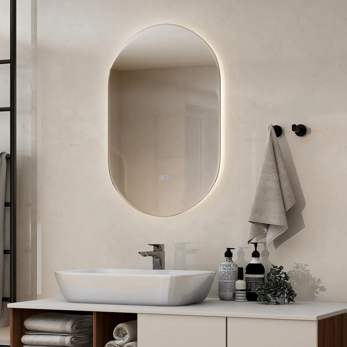 RELAX4LIFE Espejo de Baño 80x50 cm con Botón Táctil y Función Antivaho, Espejo con Luz LED de 3 Colores, Brillo Ajustable y Película a Prueba de Explosiones, Espejo sin Marco (Redondo)