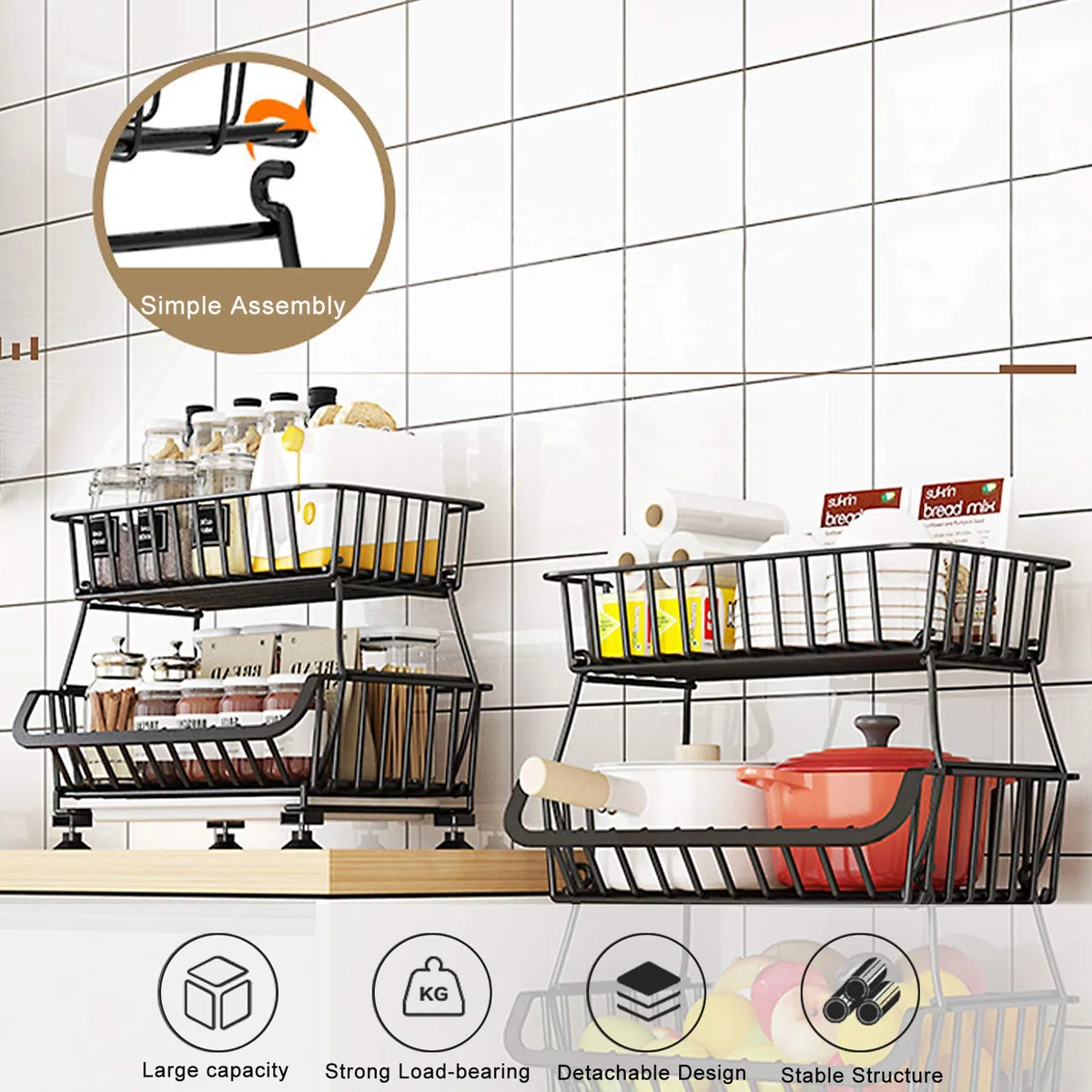 BRIAN & DANY Cestas de Frutas y Verduras Colgantes de 3 Niveles con Rueda-Organizador de La Cesta, 5 pcs S-Hooks, Pizarras Extraíbles, Cocina, Frutas, Verduras, Artículos de Tocador, Negro