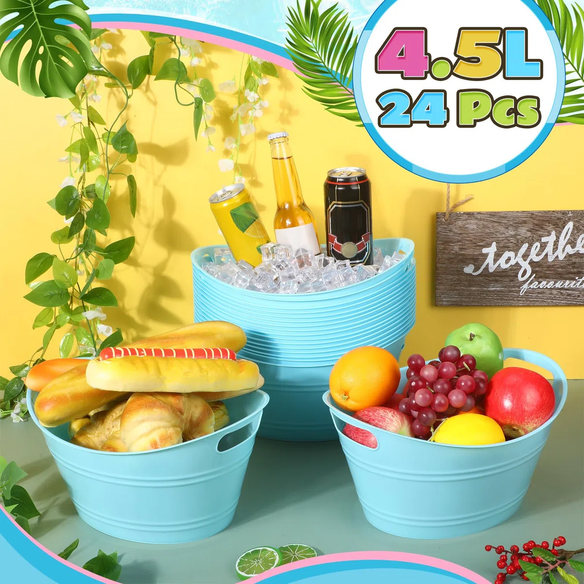 Norme 24 cubos de almacenamiento ovalados con asas, cubo de hielo de plástico de 4,5 L, botella de vino, cerveza, champán, botella de bebidas para fiestas, cesta de almacenamiento (azul cielo)