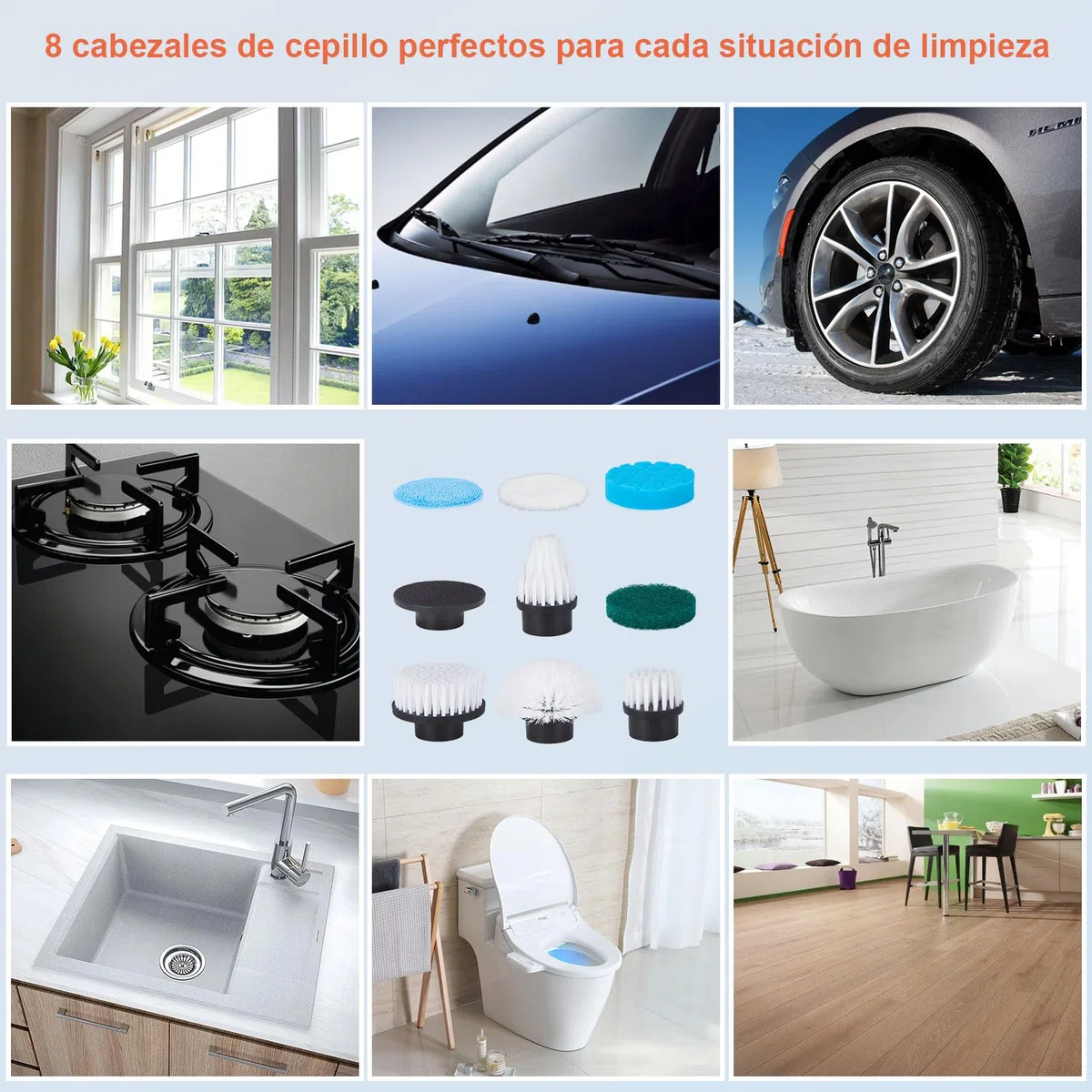 Cepillo Eléctrico Limpieza hogar Kit - Mango Extensible, 4 Ángulos, 11 Cabezales. para Ducha, Bañera, Azulejos. Batería Duradera