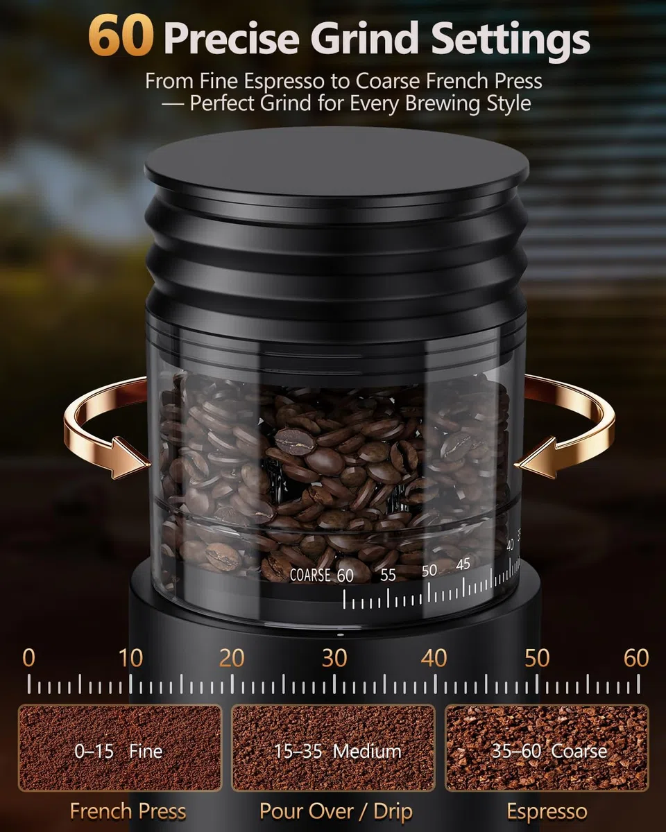 COOL KNIGHT Molinillo de café cónico recargable, 60 ajustes de molienda y temporizador de 5 a 98 niveles, molinillo de espresso con tolva de fuelle y soporte para portafiltro, fácil de limpiar