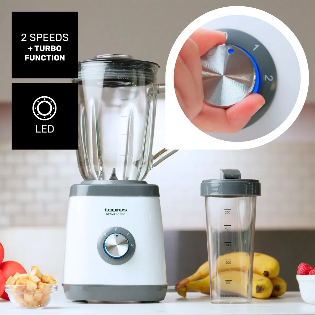 Taurus - Batidora de Vaso Optima Go 1500 | 1500W | Vaso Portatil 500ml | Cuchillas 4 Filos | 2 Velocidades + Turbo | Acero Inoxidable | Antideslizante | Sistema de Seguridad