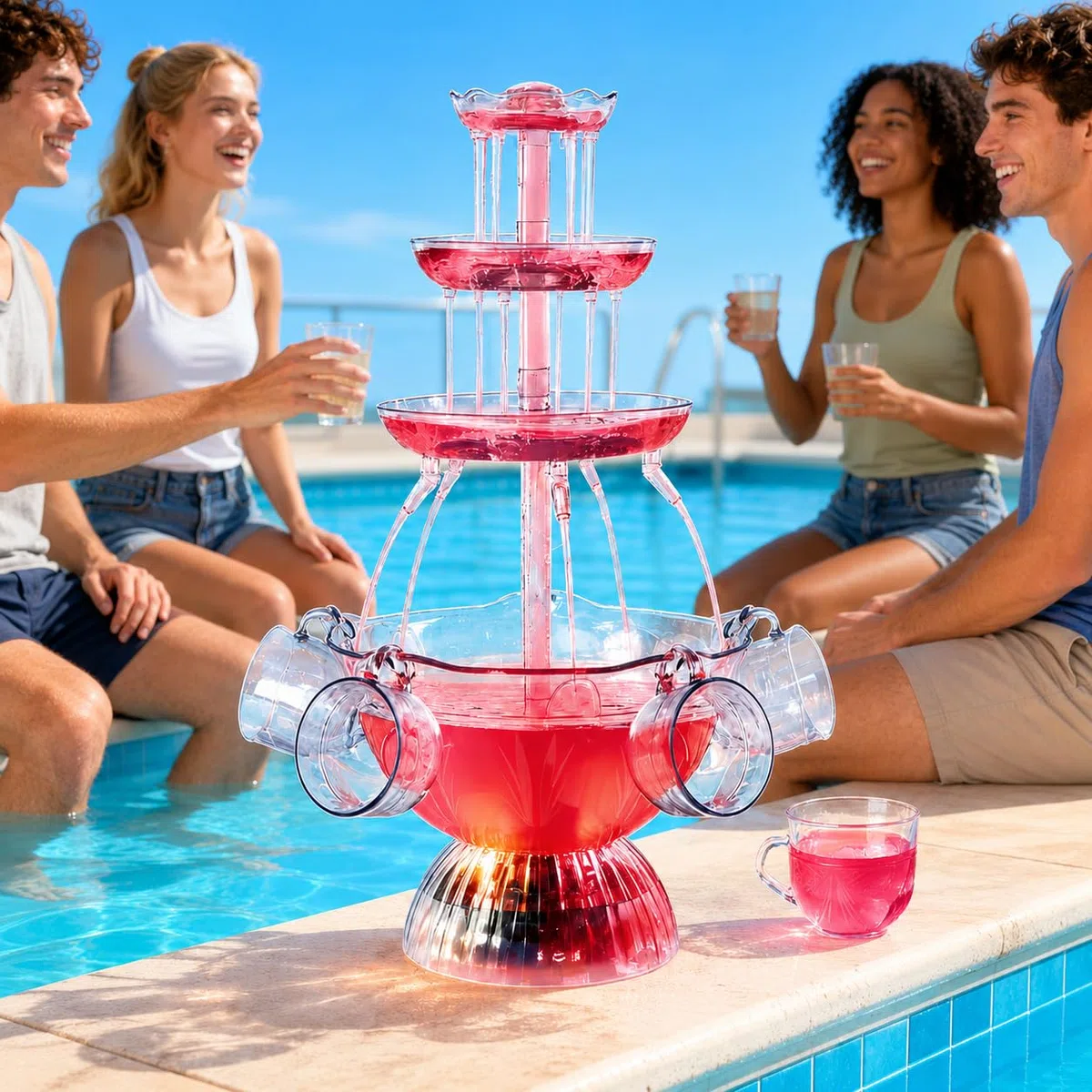 Dispensador de bebidas con 5 tazas reutilizables para fiestas, eventos, bares, cafeterías y reuniones, ideal para servir bebidas elegantes fácilmente