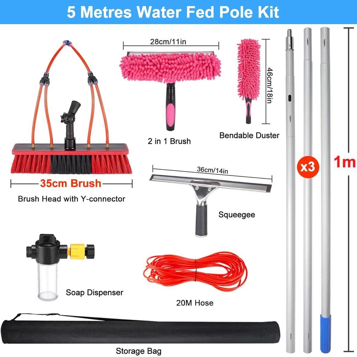 Kit de pértiga telescópica de Limpieza de 5 m: Cepillo con Suministro de Agua, rasqueta, Plumero, dispensador de jabón y Manguera de 20 m para Paneles solares, Ventanas, techos y l