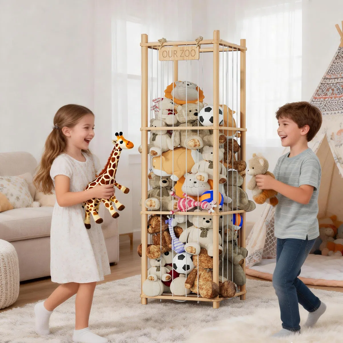 Estante de almacenamiento para juguetes de peluche, estante grande de madera con compartimentos, organizador para habitación de los niños, sala de estar y dormitorio