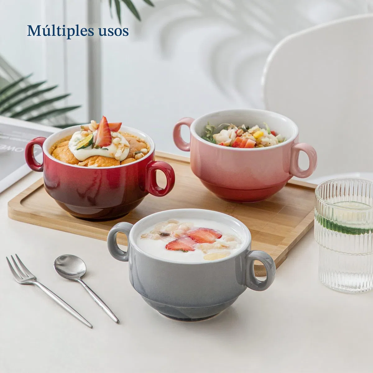 Lovecasa, taza de caldo con asas, 400 ml, cuencos para sopa de cerámica de 6 piezas, apto para lavavajillas y horno, multicolor