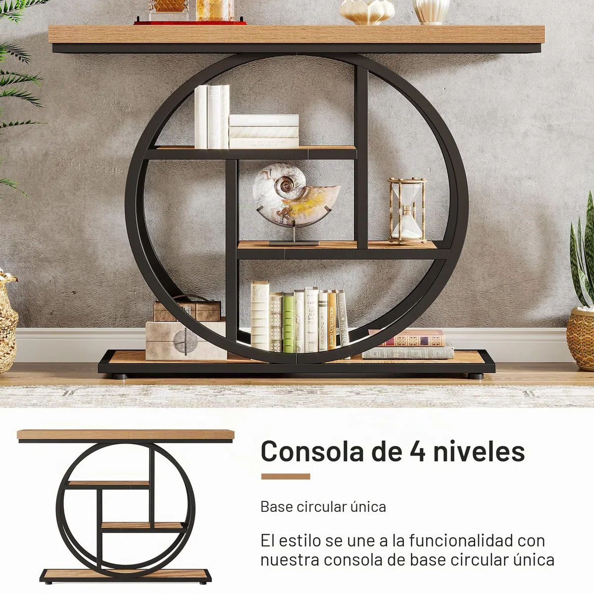 Tribesigns Mesa Consola Industrial de 105cm, Mesa de Entrada de sofá de 4 Niveles con Base Circular, mesas estrechas de Madera con estantes de Almacenamiento para Sala (Marrón Claro)