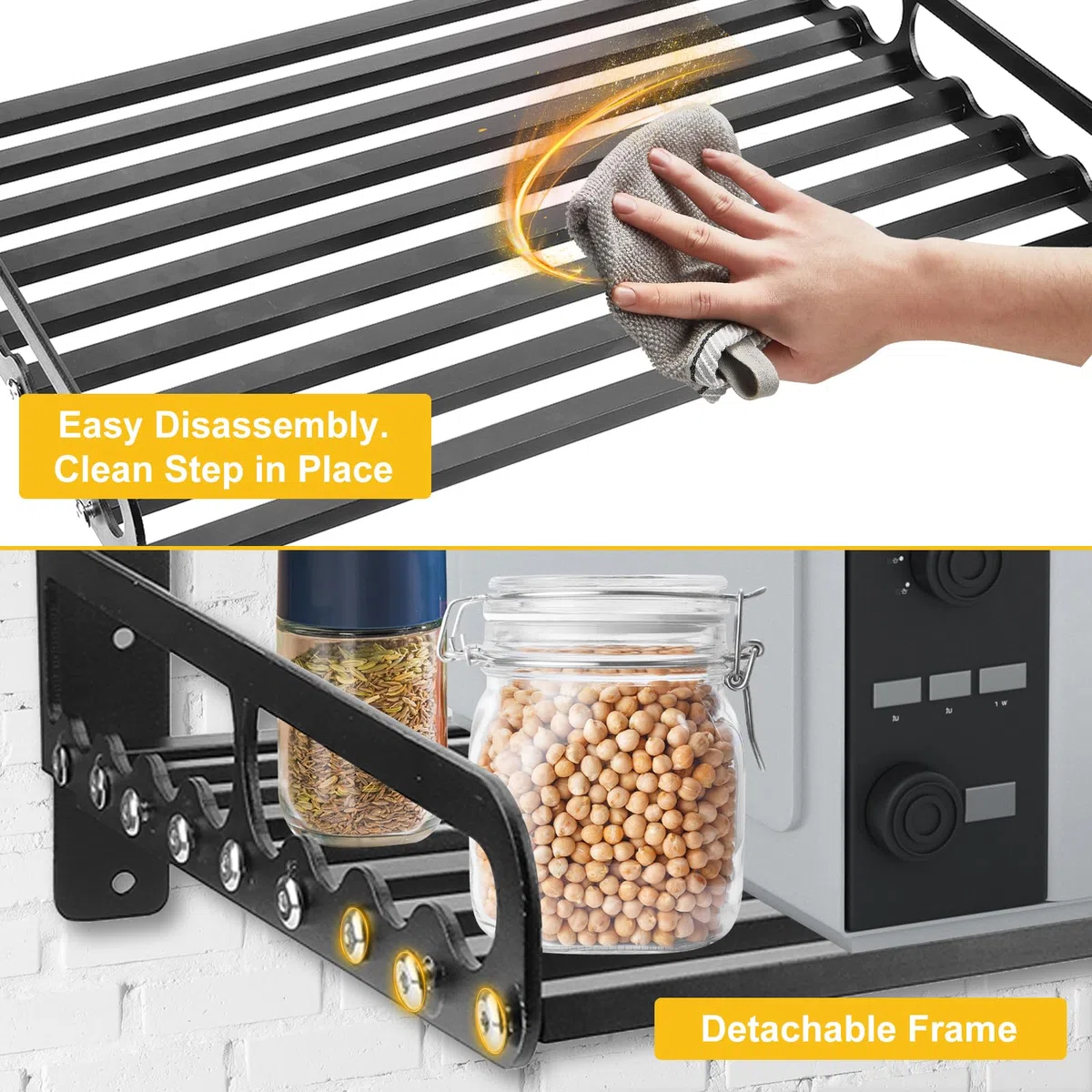 50 * 40 cm Estante de Pared para Microondas, Estanteria Cocina Microondas Pared con 5 Ganchos Soporte para Microondas Negro, Estante de Almacenamiento Organizador de Cocina para el Hogar