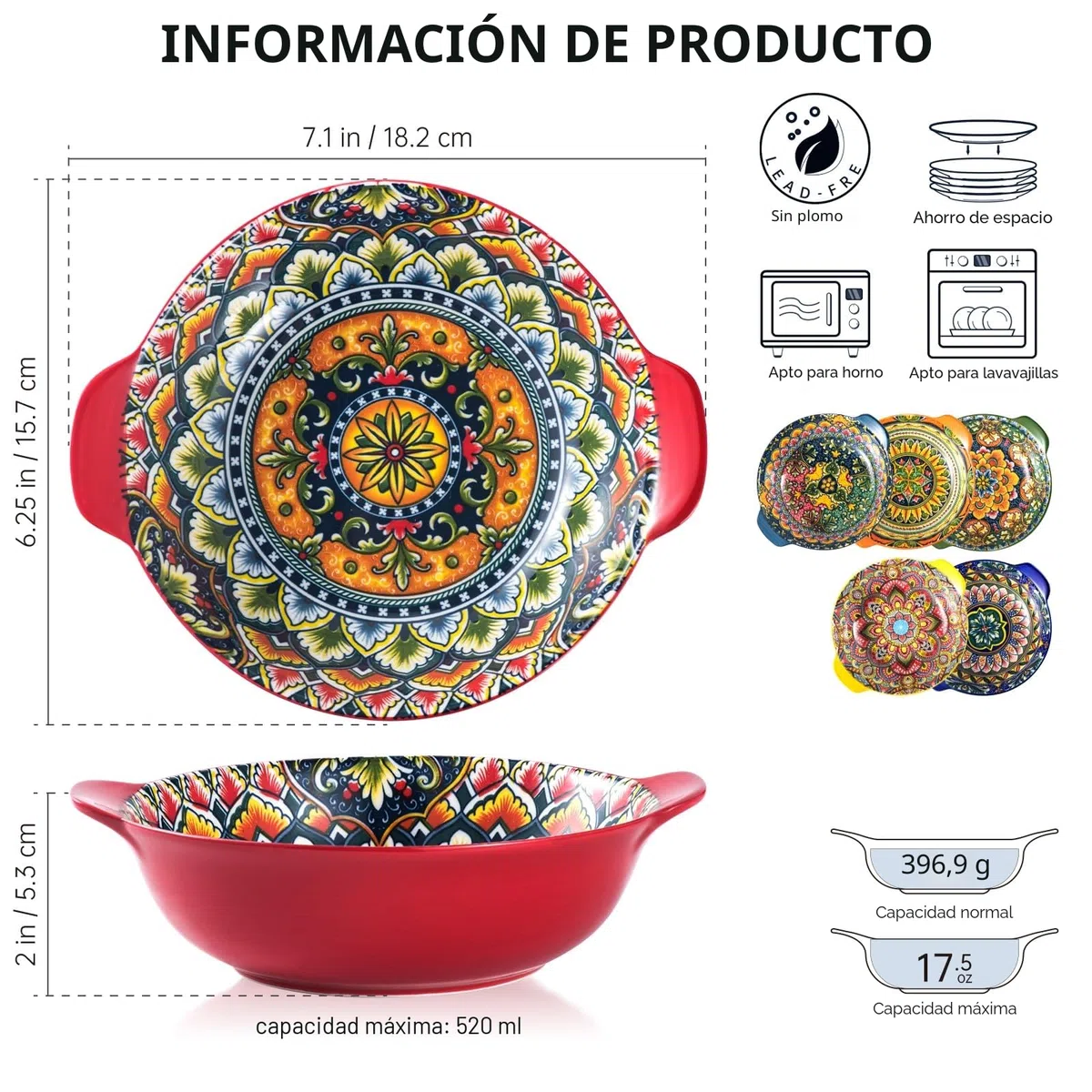 Henten Home Juego de 6 Cuencos con Asas, Platos para Ensalada, Cuencos Estilo Bohemio - 520 ml, Platos de Pasta de Cerámica para Pasta, Sopas, Ensaladas, Frutas