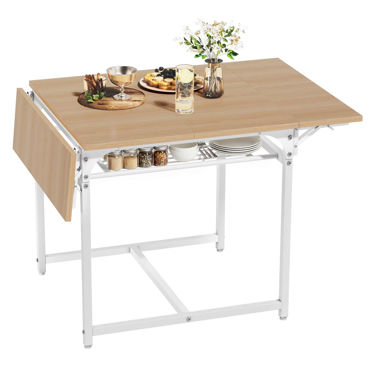 YITAHOME Mesa de Comedor Plegable, Mesa de Hoja de Gota Extensible con Estante de Almacenamiento y 4 Patas Ajustables, Asientos para 2-6 Personas, 120 x 78 x 75 cm, Roble Amarillo y Blanco