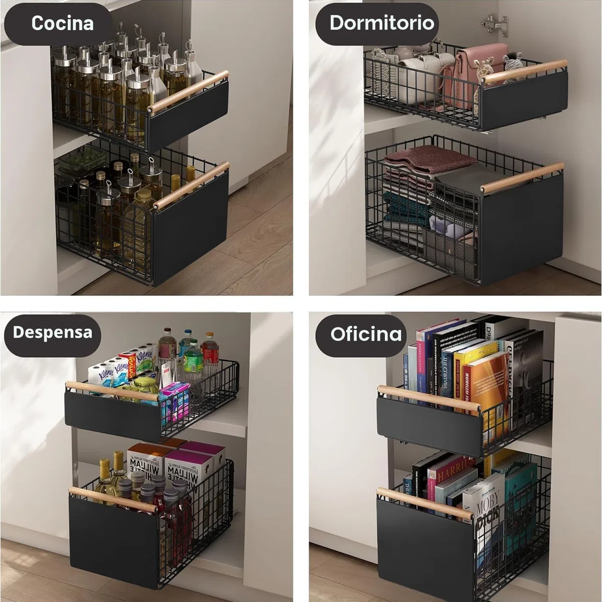 2 Piezas cajones extraibles para cocina, cajon extraible mueble más profundo con rieles para cajones y manija de madera, cajón extraíble de metal para gabinetes de cocina - 40 L x 24 W x 19,5 H CM