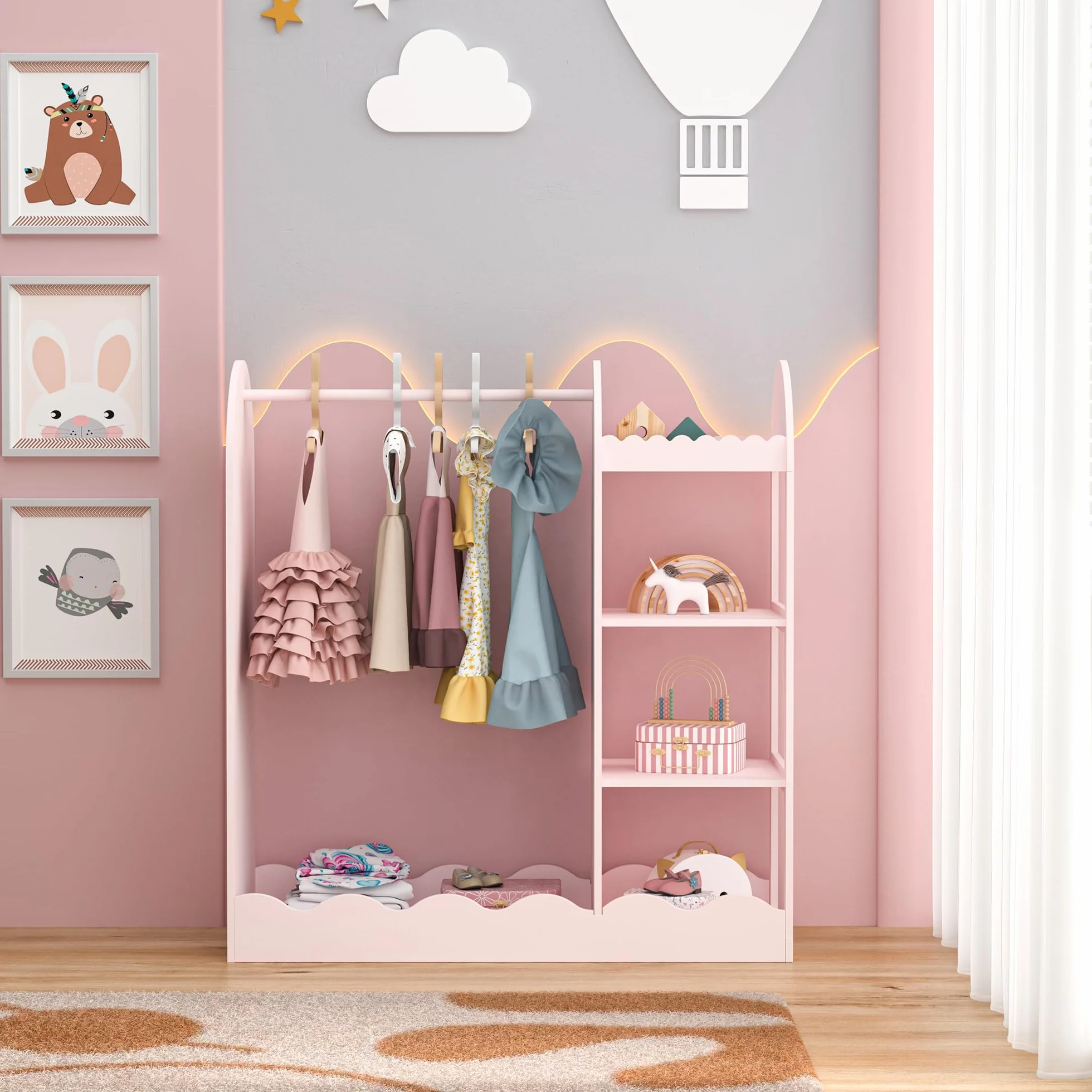 [en.casa] Perchero Burro Infantil Vestnes con Espejo Ondulado Barra para Colgar Zapatero Portaropa Armario Abierto para Ropa Guardaropa Dormitorio MDF 100 x 94 x 38 cm - Algodón de azúcar