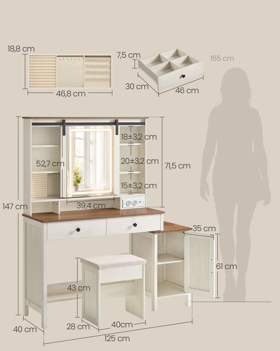 VASAGLE LIRY Colección - Tocador con Espejo y Luz, Mesa de Maquillaje de Granja con Taburete, Estación de Carga, 2 Cajones, Organizador Joyas, Blanco Rústico y Marrón Miel RDT136W01