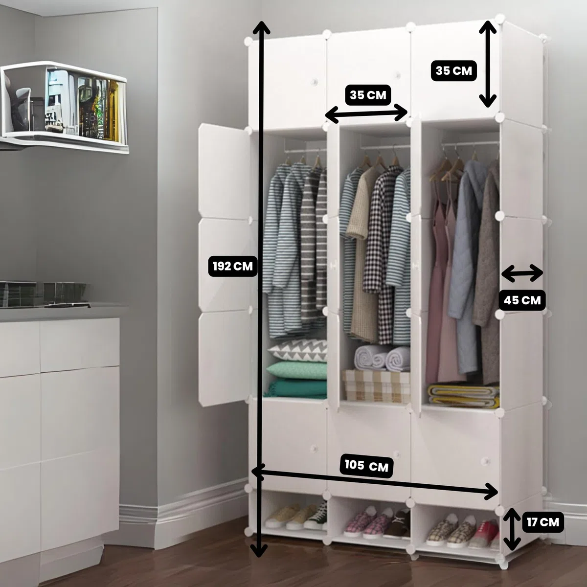 MAGIC SELECT Armario Modular. Estantería de Módulos. Organizador Modular de Ropa. Ropero para Hogar. Estante de Almacenamiento para Dormitorio, 18 Módulos, 2 Barras, 192x105 cm.