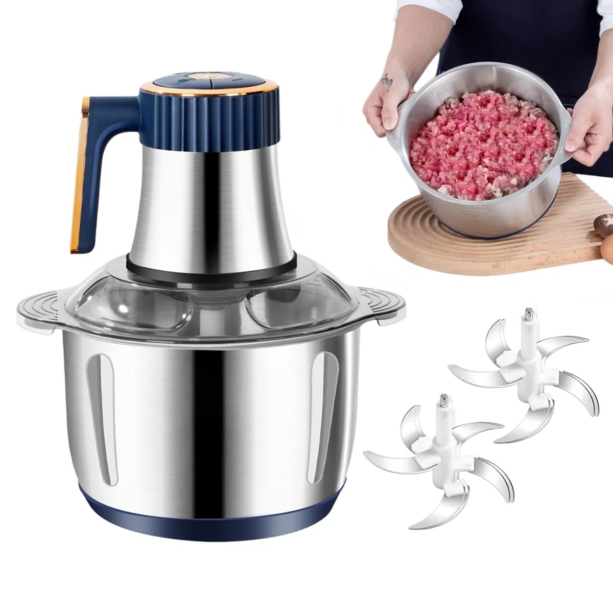 Picadora eléctrica con cuenco de acero inoxidable de 5 L y 2 cuchillas giratorias de 6 lados, picadora de carne eléctrica de 500 W, 5 velocidades, picadora universal grande para carne, frutas