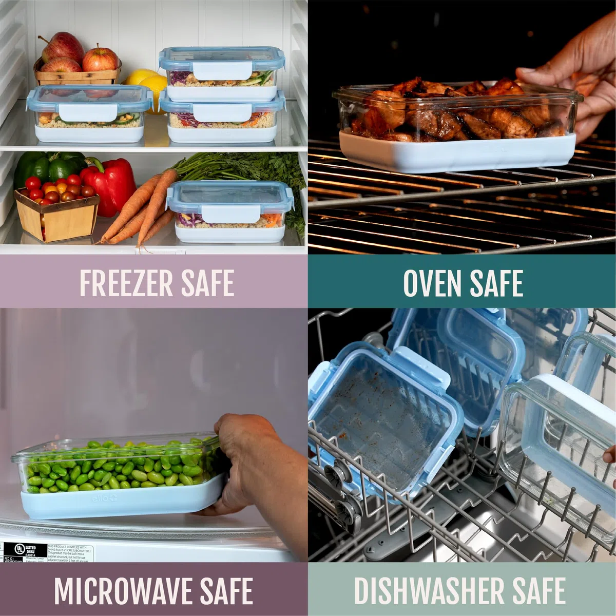 Ello Duraglass - Juego de 3.4 tazas de preparación de comidas, 10 unidades, juego de 5 recipientes de vidrio para almacenamiento de alimentos con funda de silicona y tapas de plástico herméticas sin