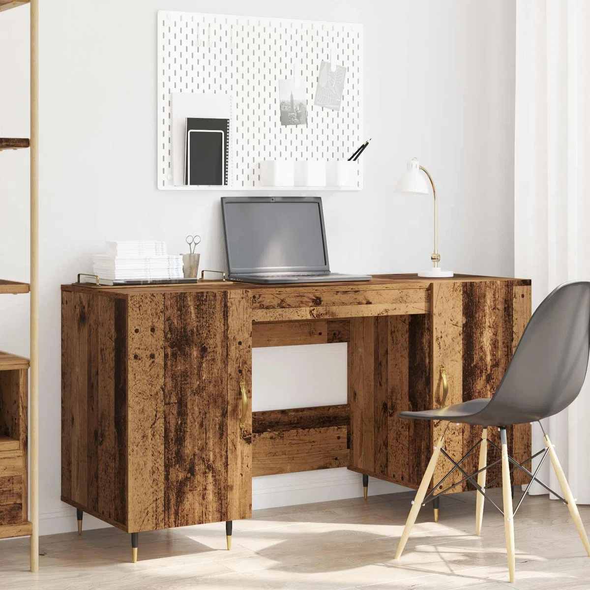 Escritorio con estante de madera recuperada 140 x 50 x 75 cm, material de madera mate, espacio de almacenamiento con 2 puertas y estantes, ergonómico para oficina, oficina en casa, estudio