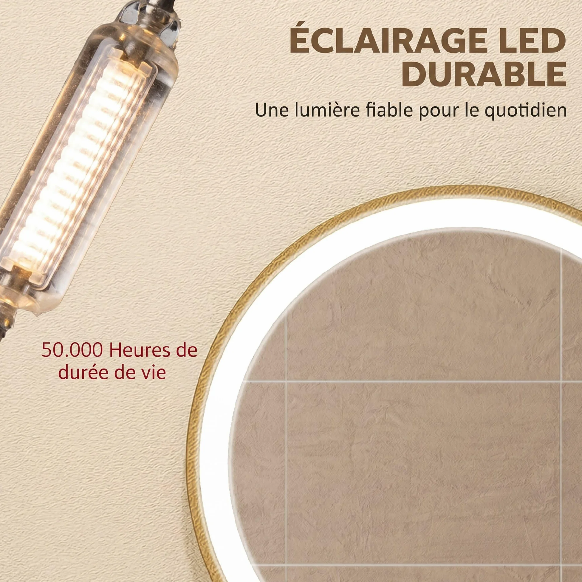HOMCOM Espejo de baño con iluminación LED, redondo, 40 cm, espejo de pared con 3 temperaturas de color, intensidad de luz ajustable, interruptor táctil, dorado