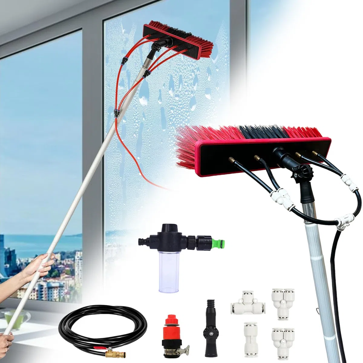 Genérico Cepillo para Ventanas | Extensible telescópico de 3 m a 13,6 m | Pértiga de Aluminio con Suministro de Agua y dispensador de jabón | Limpiador para Paneles solares | Equipo (55 cm,