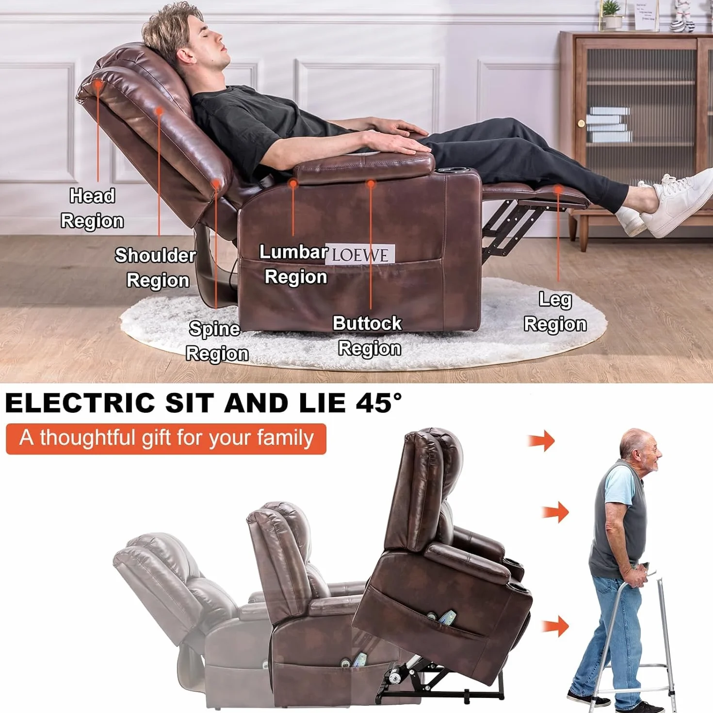COMHOMA Sillón Reclinable Eléctrico Función de Elevación, Masaje y Diseño Ergonómico – Silla para Personas Mayores de Cuero PU con Respaldo y Reposapiés Ajustables, Marrón