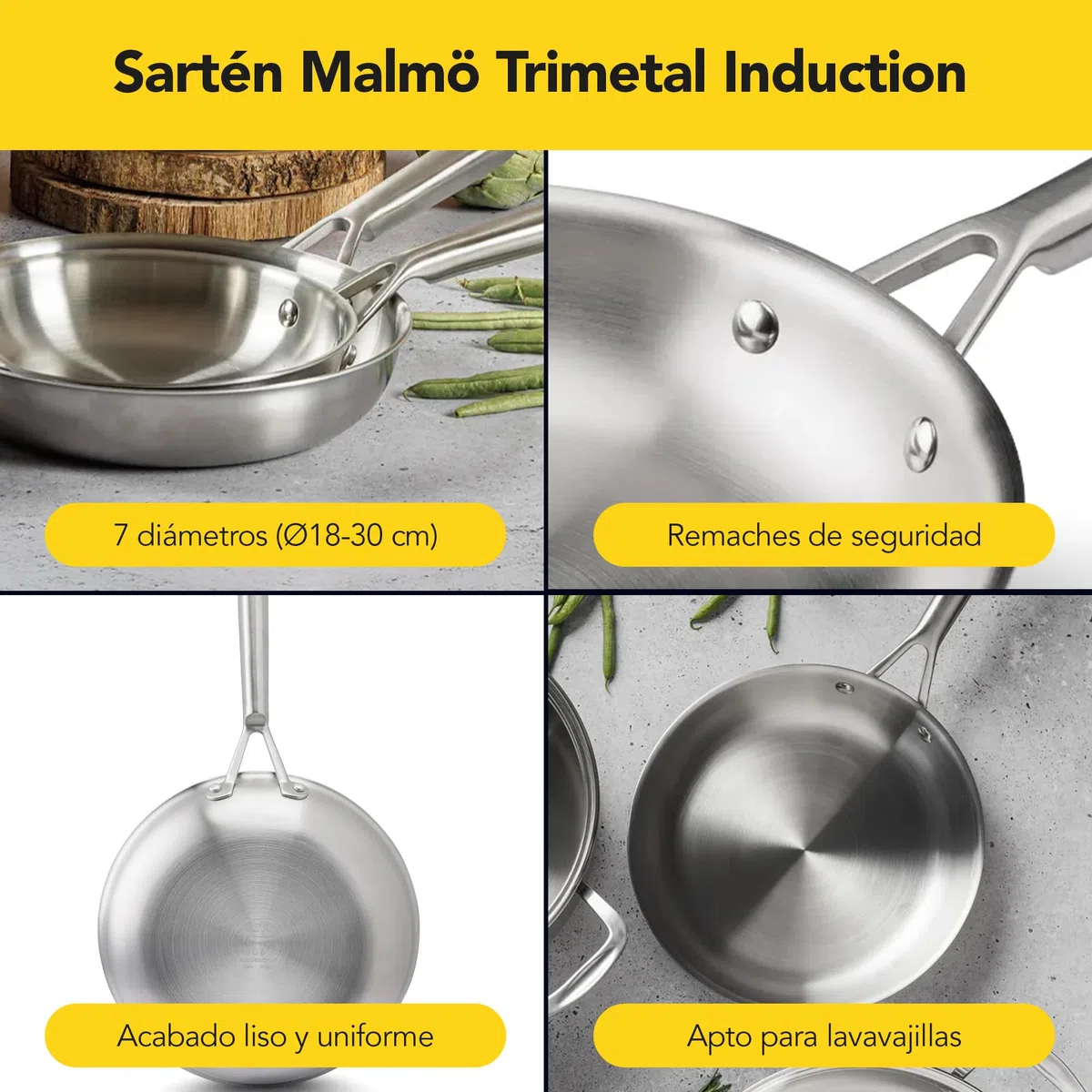 Castey - Sartén de Trimetal Malmö, Modelo M-S28, Tamaño 28 cm, Tricapa de Acero Inoxidable, Base Full Induction, Apta para Todas las Cocinas