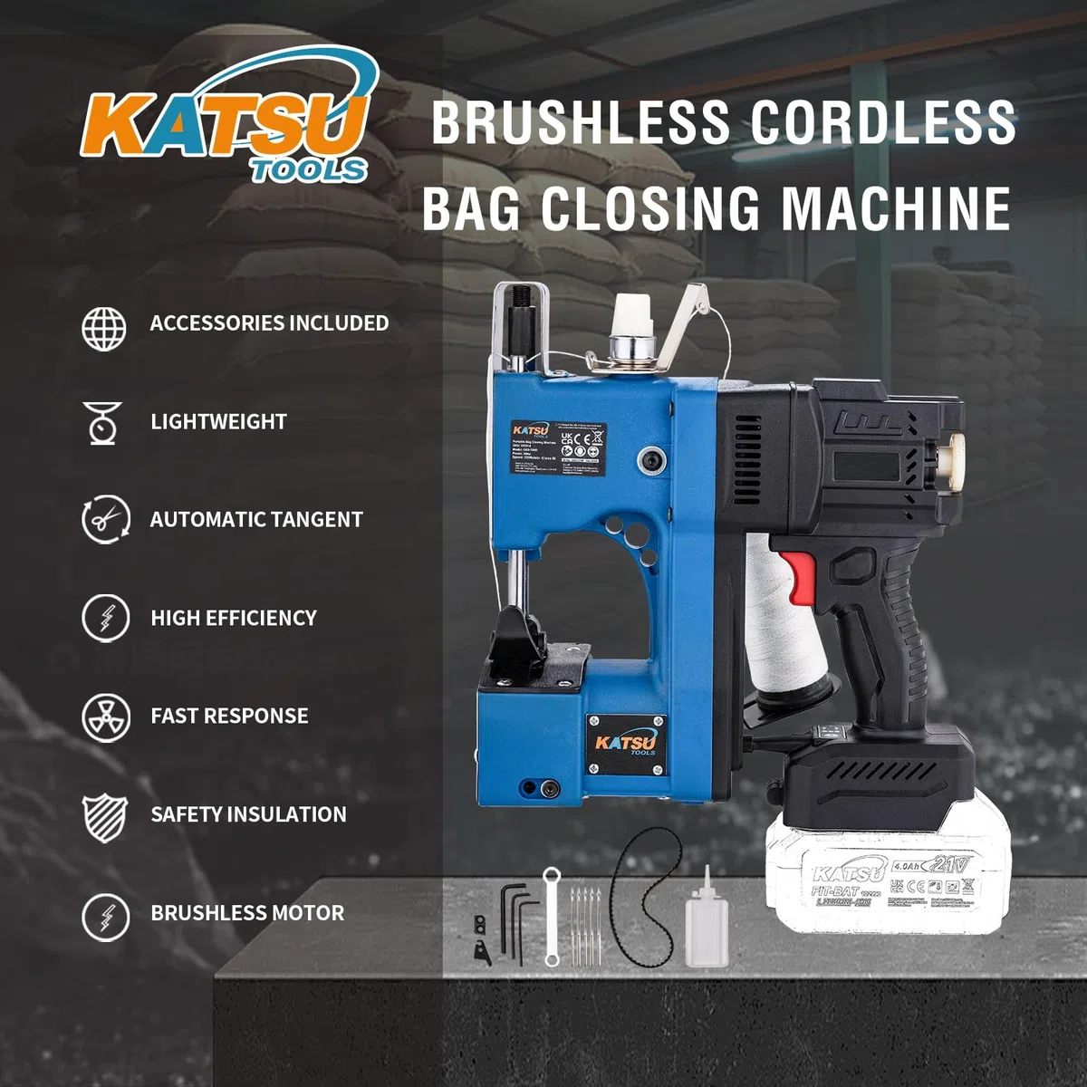 KATSU FIT-BAT 823516 - Máquina de coser inalámbrica sin escobillas de 18/21 V, 5 agujas de coser adicionales, para bolsas tejidas/sacos/papel/plástico, sin batería