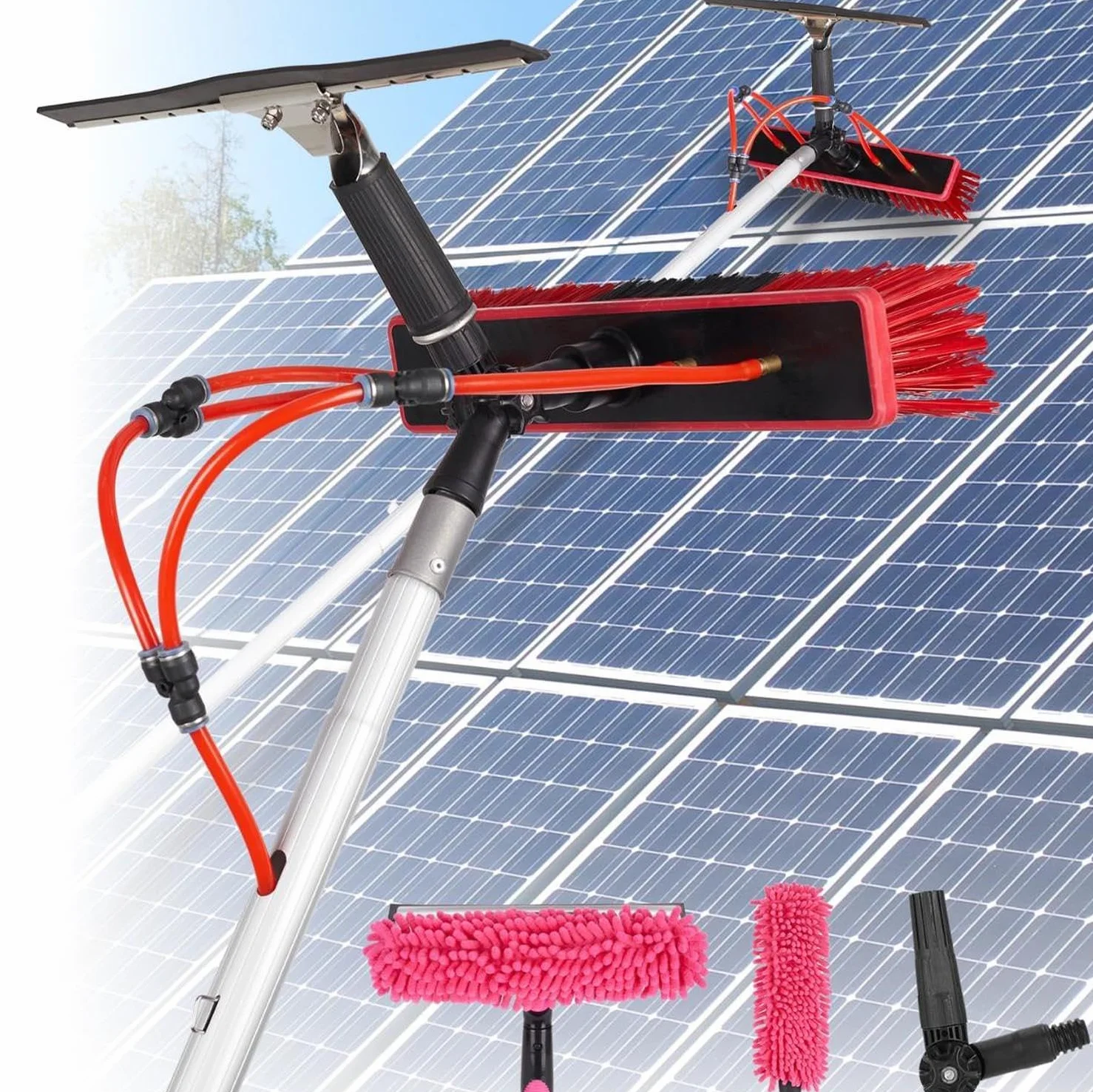 Cepillo de limpieza de paneles solares ajustable con poste de 3 m, cepillo limpiador de ventanas y kit de alimentación de agua para panel solar y lavado de ventanas, herramienta de limpieza eficiente