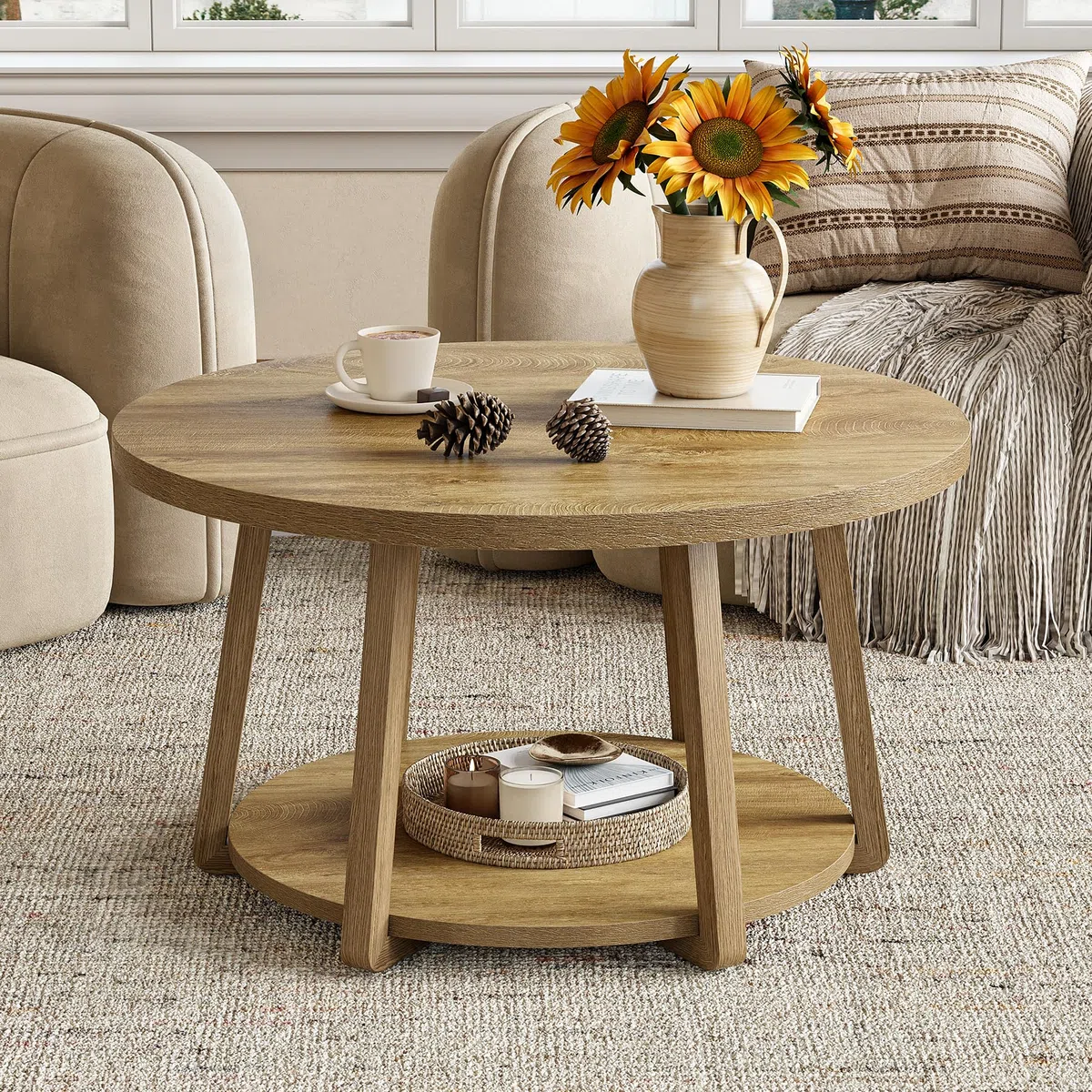 Tribesigns 80 cm Mesa de Centro Redonda con Espacio de Almacenamiento, Mesa de salón de Dos Niveles con Patas de Madera, fácil de Montar, para salón, Espacios pequeños, hogar - Roble