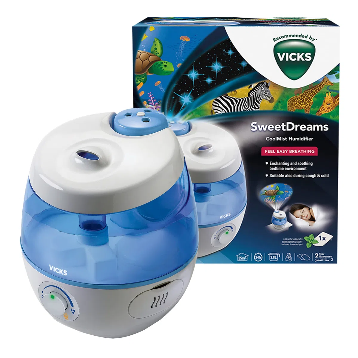 Vicks Sweet Dreams Cool Mist Humidificador, proyector para bebés, Para dormitorios de niños y guarderías,Habitaciones de hasta 35 m², 1 VapoPad incluído, Tecnología ultrasónica silenciosa,VUL575