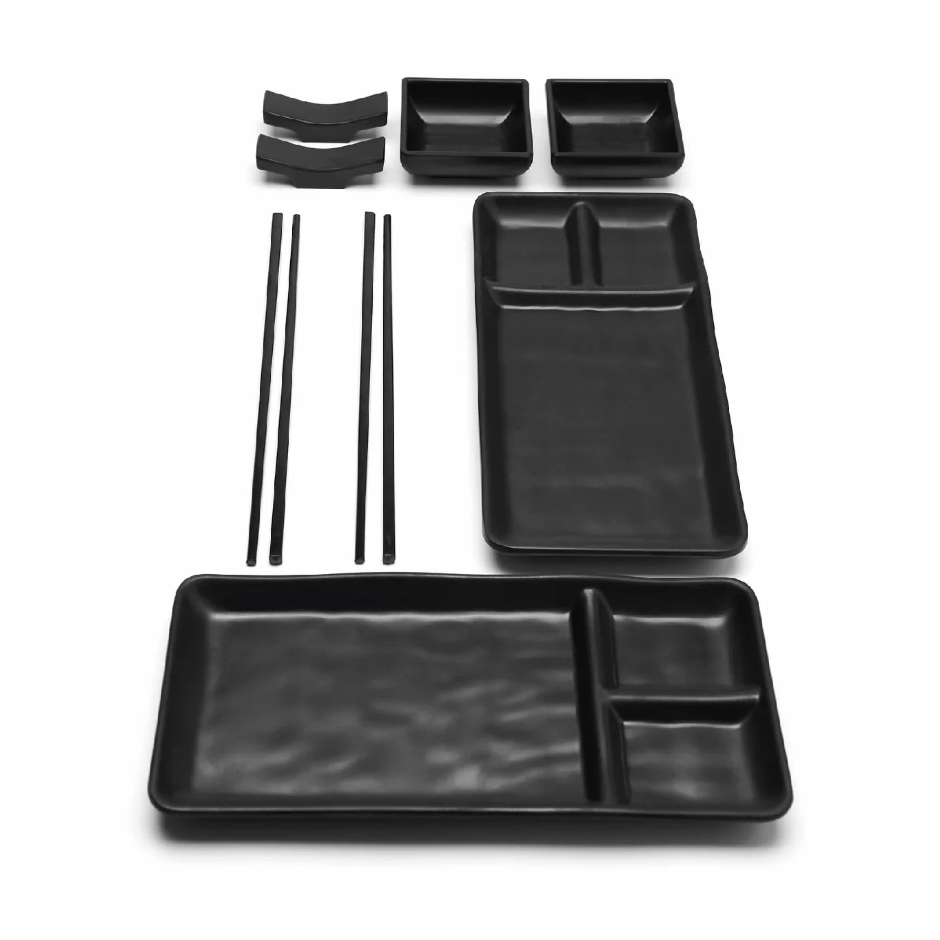 Vajilla Sushi Japonés (8 Piezas) – 2 Platos Individuales (19 X 14 Cm), 2 Tazones Para Salsa, 2 Pares De Palillos, 2 Soportes Para Palillos. En Melamina. Negro
