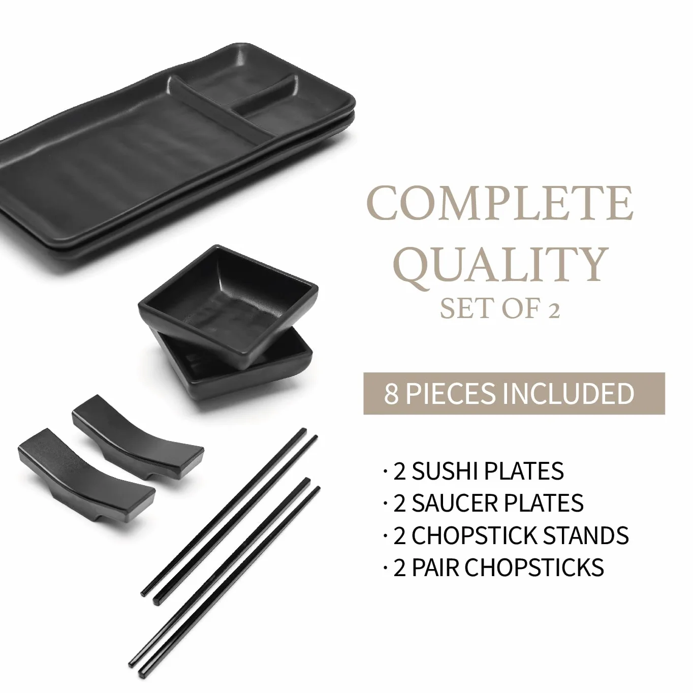 Vajilla Sushi Japonés (8 Piezas) – 2 Platos Individuales (19 X 14 Cm), 2 Tazones Para Salsa, 2 Pares De Palillos, 2 Soportes Para Palillos. En Melamina. Negro