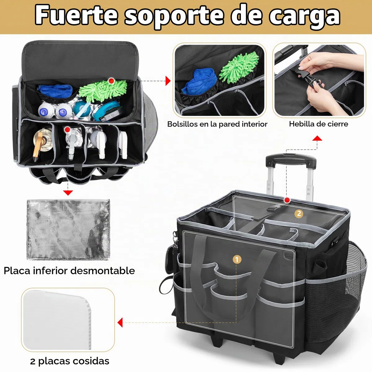 HODRANT Cesta Grande para Artículos de Limpieza (Solo la Bolsa) | Bolsa de Limpieza con Ruedas, Carrito Desmontable y Correa para El Hombro, Para Servicios de Limpieza y Lavado de Autos.