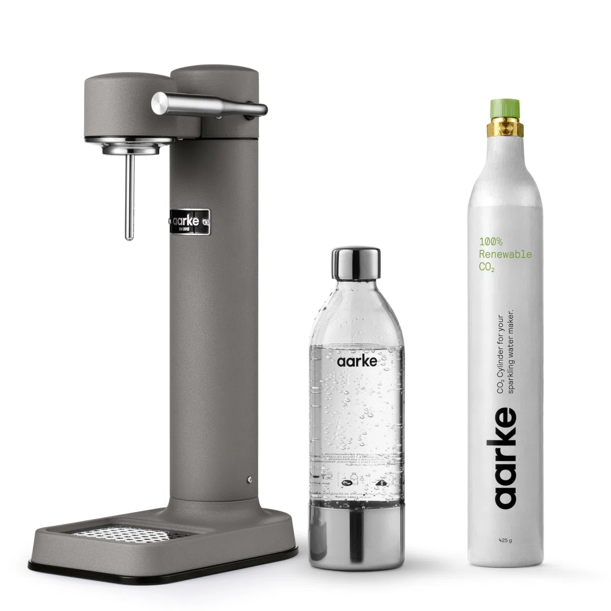 Aarke Carbonator 3 - Máquina de agua con gas en acero inoxidable, acabado gris mate + cilindro de 60 litros con CO2 renovable