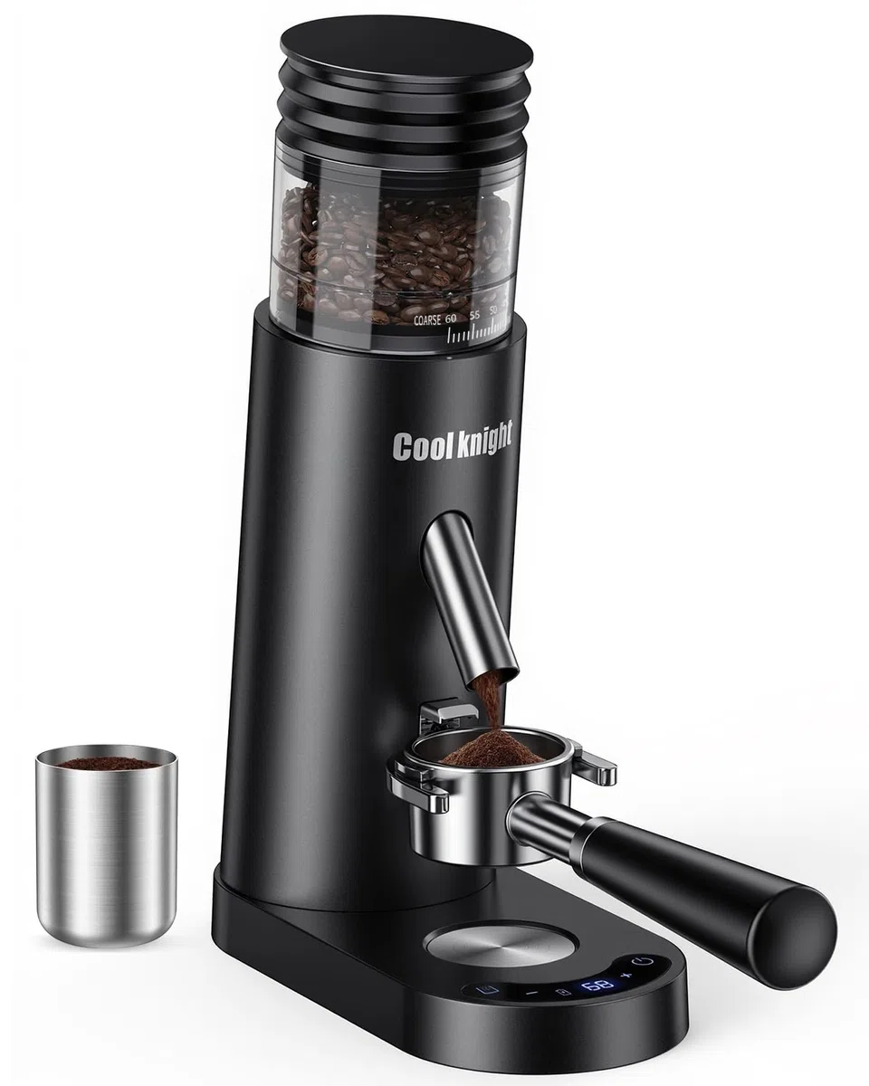 COOL KNIGHT Molinillo de café cónico recargable, 60 ajustes de molienda y temporizador de 5 a 98 niveles, molinillo de espresso con tolva de fuelle y soporte para portafiltro, fácil de limpiar
