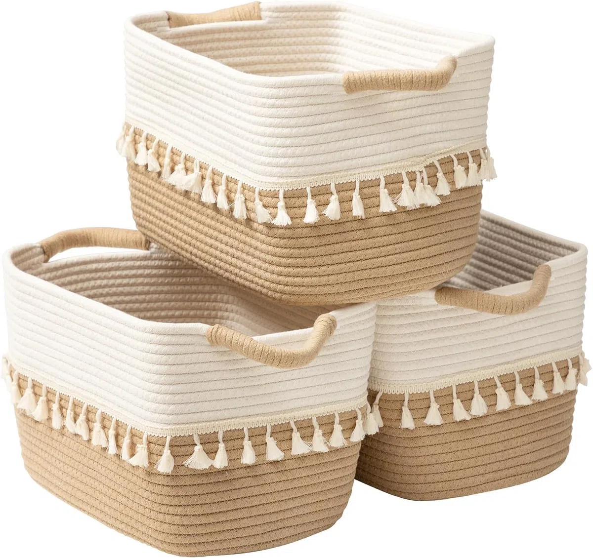 TeoKJ Juego de 3 contenedores de almacenamiento tejidos, cesta de cuerda de algodón para almacenamiento, cesta de almacenamiento de ropa para organizar y almacenar, White&Jute