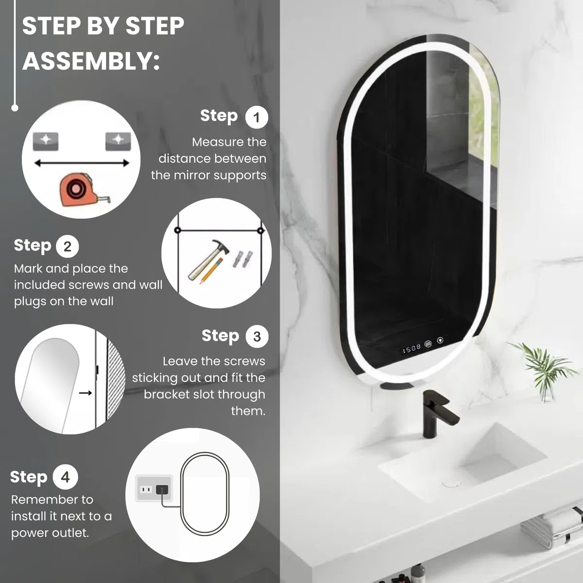 MAGIC SELECT Espejo de Baño con Luz Ovalado de Pared 50x90cm | Con Enchufe, 3 Tonos de Color, Ajuste de Brillo y Antivaho, Indicador de Hora y Temperatura, Vertical